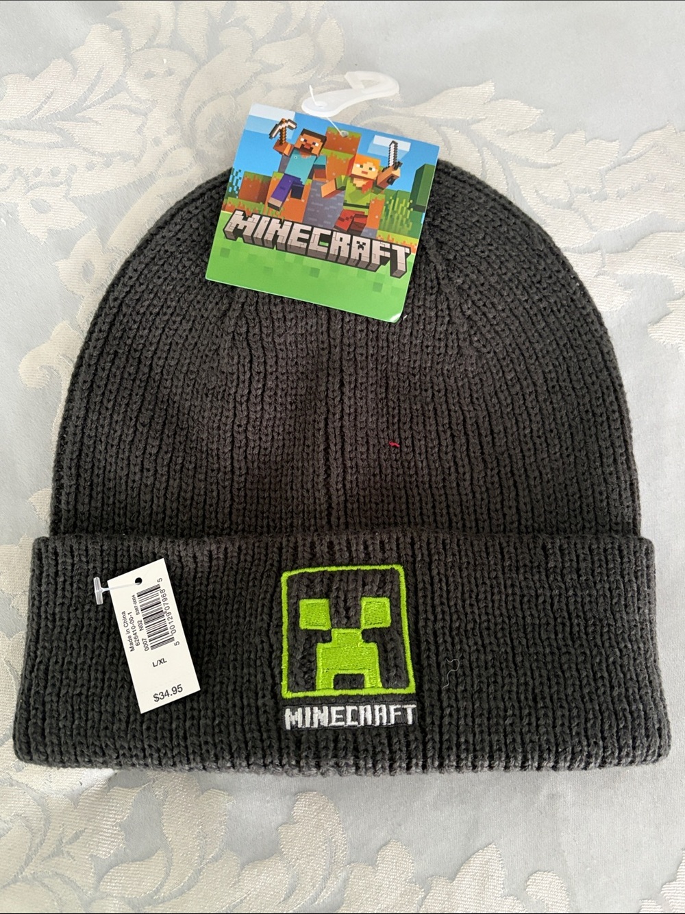Minecraft Kids' Knit Beanie Hat - Black with Green Creeper Accent, New L/XL